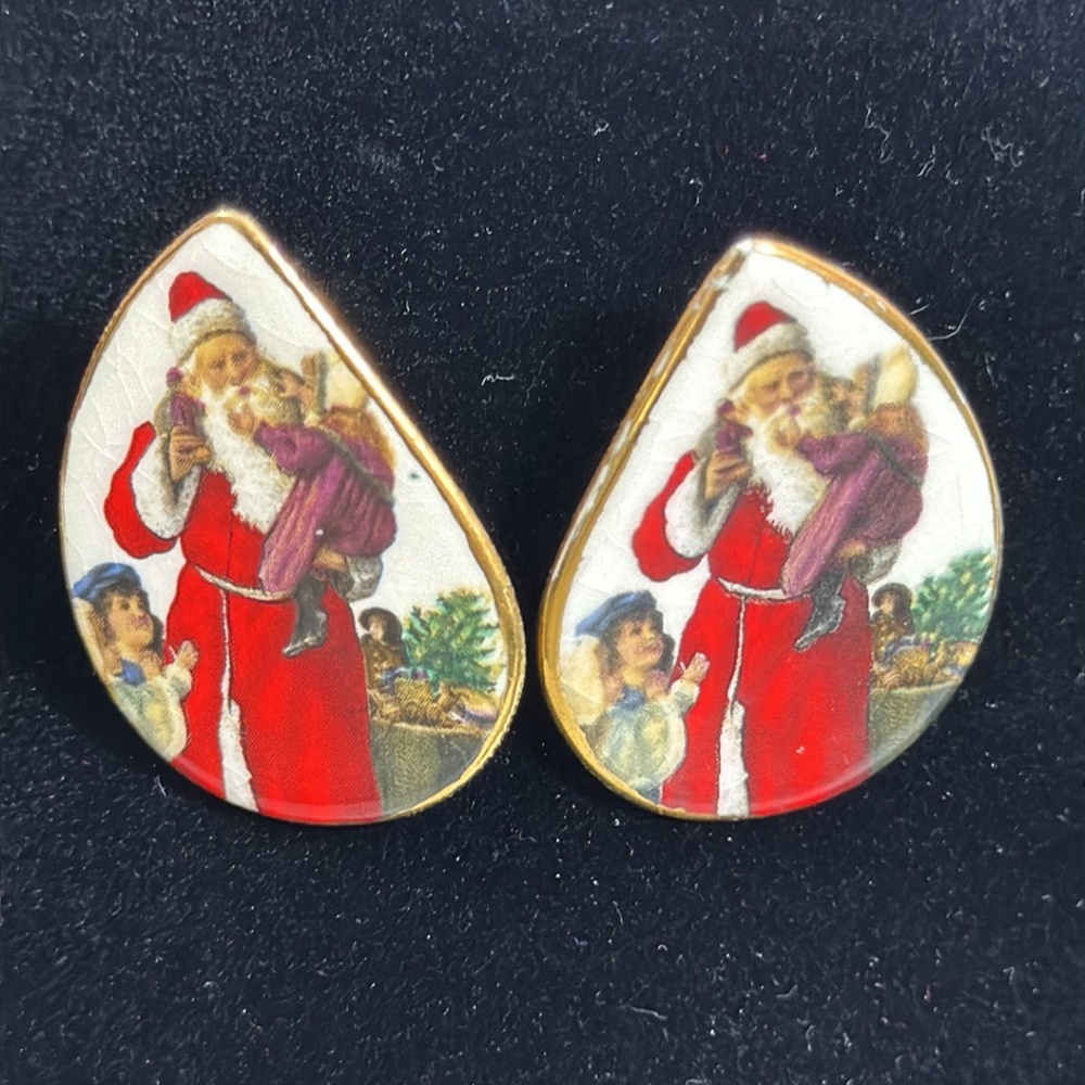 Vtg Santa Claus Earrings Enamel Ceramic Christmas Chunky Pierced 80s - Picture
